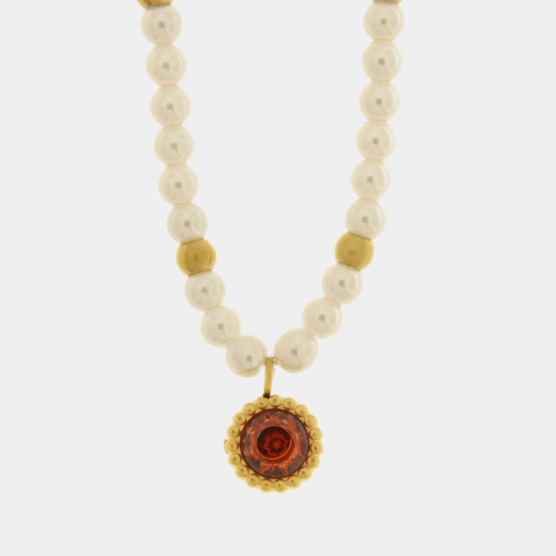 Collana in Acciaio con giro di perle e cristallo rosso