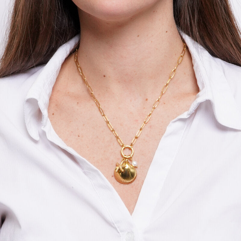 Collana in Acciaio conchiglia, stella marina e perla