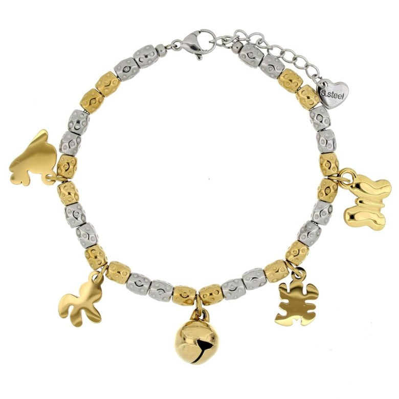 BRACCIALE IN ACCIAIO CON CHARM ANIMALI E CAMPANELLINO