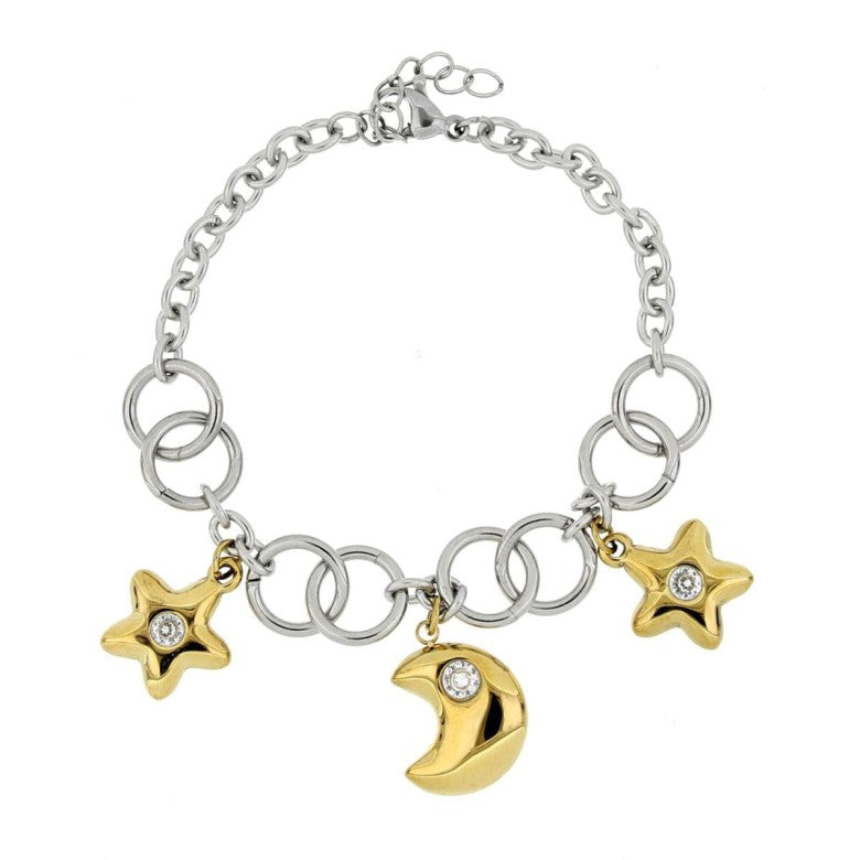 BRACCIALE IN ACCIAIO CHARM CON STELLE E LUNA
